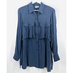Vintage Moonlight Button Front Gauzy Blouse Sz Large Blue Faux Pockets AA17
